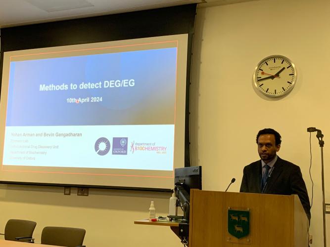 Dr. Bevin Gangadharan presenting novel methods to detect diethylene glycol and ethylene glycol at Jesus College, Oxford. Photo credit: Yohan Arman, Zitzmann lab.&nbsp;