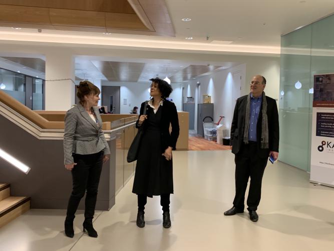 Photo of Carol Robinson giving the tour to Chi Onwurah