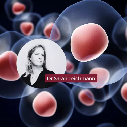 Main image showing Doctor Tiechmann on a black background with human cells.