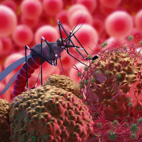 an image of a mosquito standing on blood molecules.