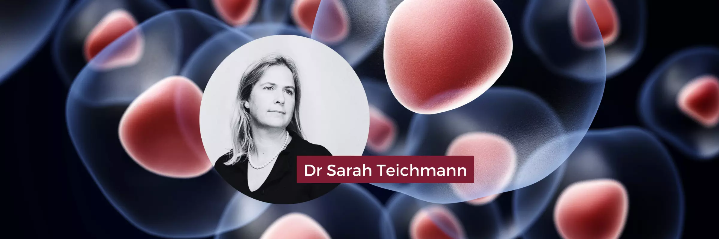 Main image showing Doctor Tiechmann on a black background with human cells.