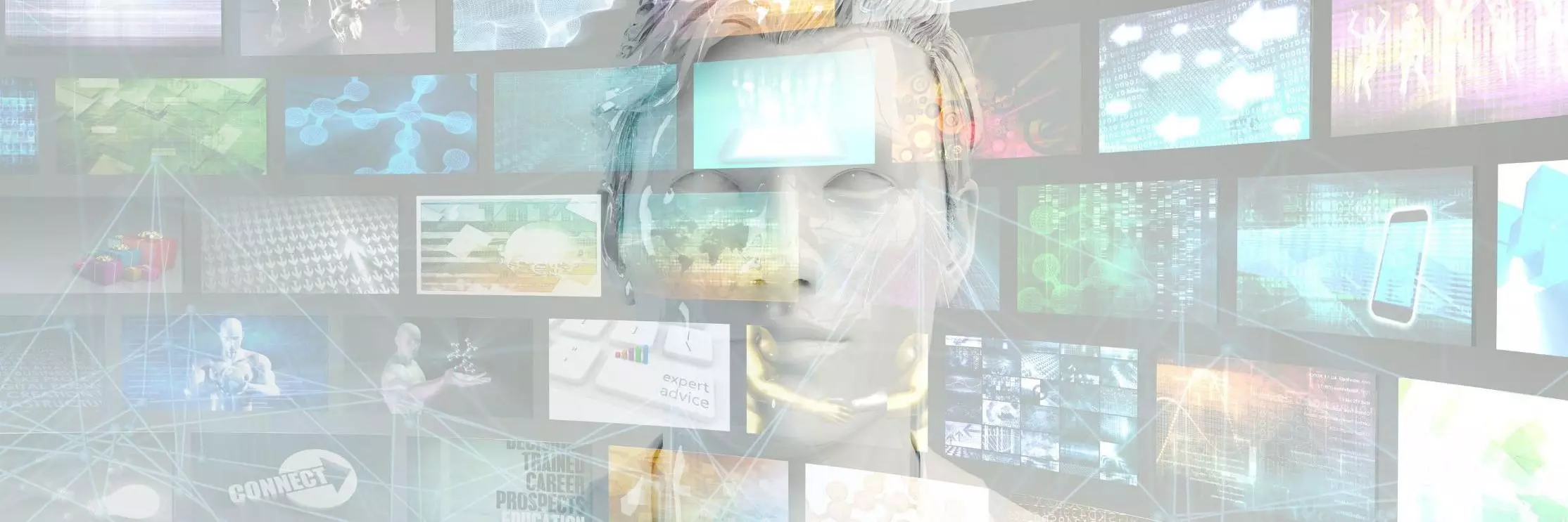 accessibility banner image with lots of different screens and an AI created human figure.