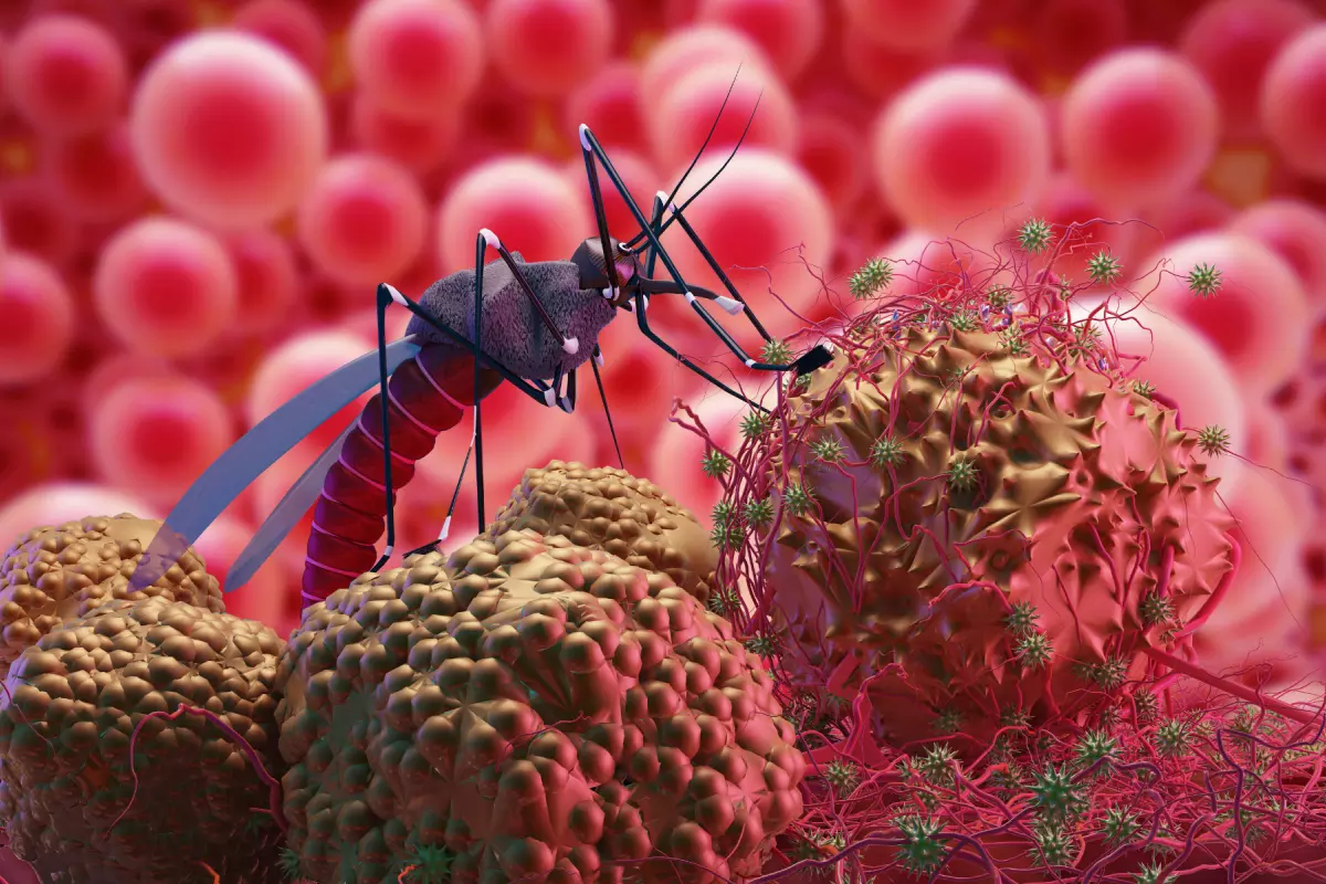 an image of a mosquito standing on blood molecules.